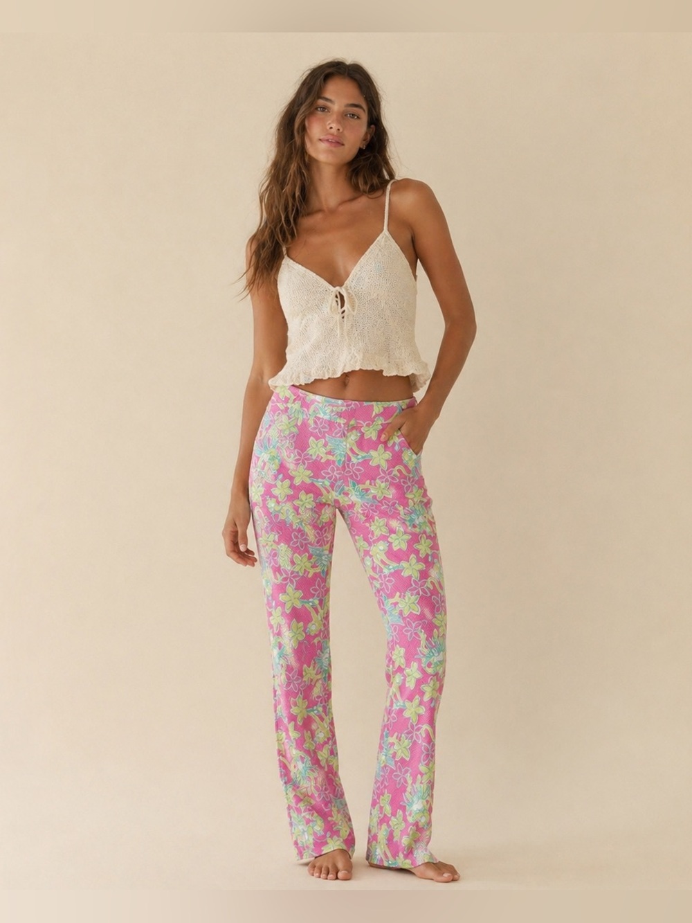 # 98 🌷Lilly Pulitzer Floral Wide Leg Pants | Pink & Green | Resort | US 4